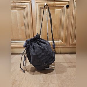 Vtg Etienne Aigner BROWN Corduroy Bucket Bag Drawstring Purse Leather Trim NOS